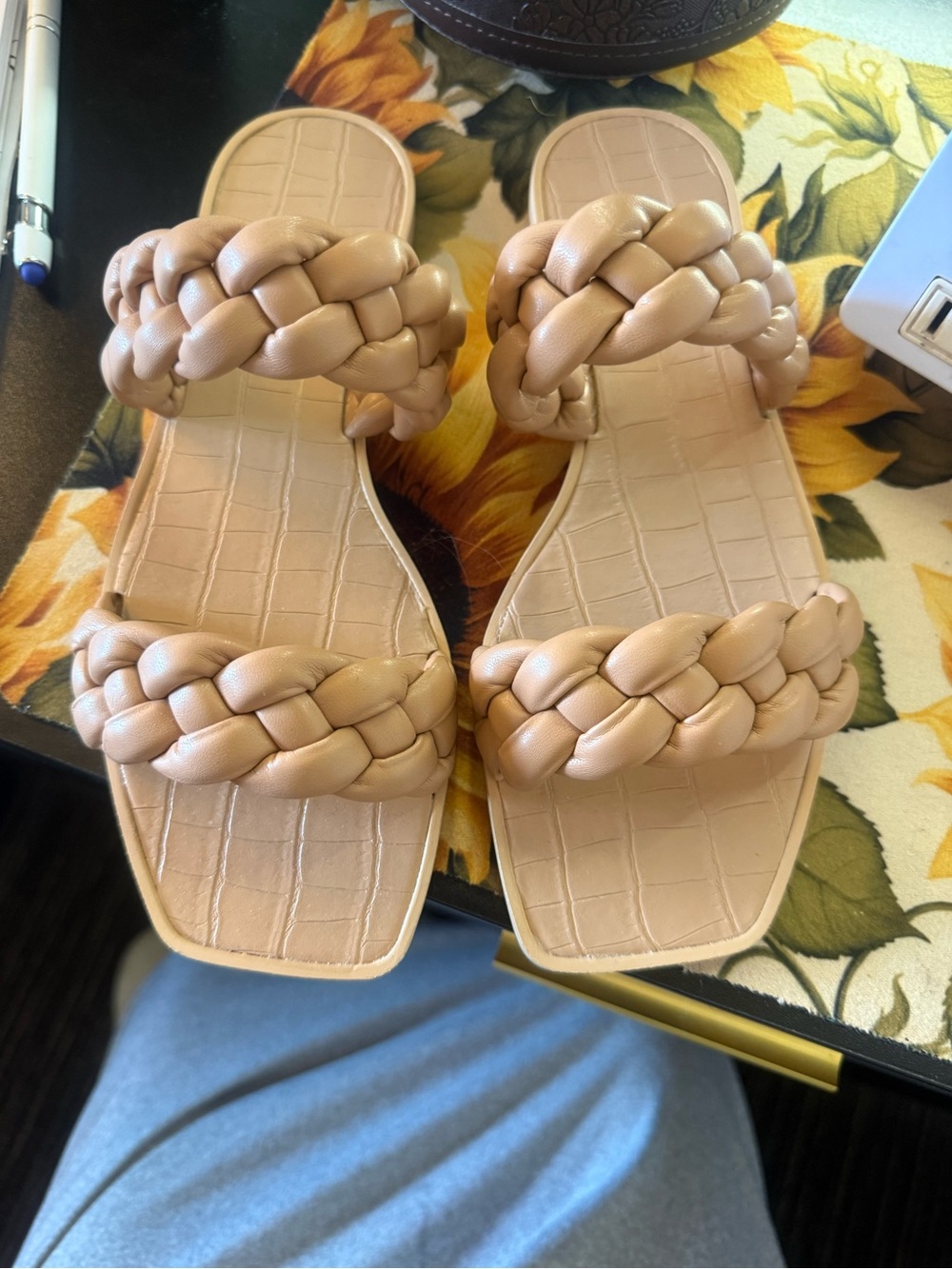 Braided Two-Strap Slide Sandals in Nude